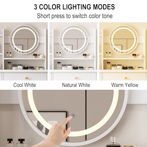 White Vanity Desk with Mirror and Lights, 3 Lighting Modes, Drawers, Open Storage Shelves J3904