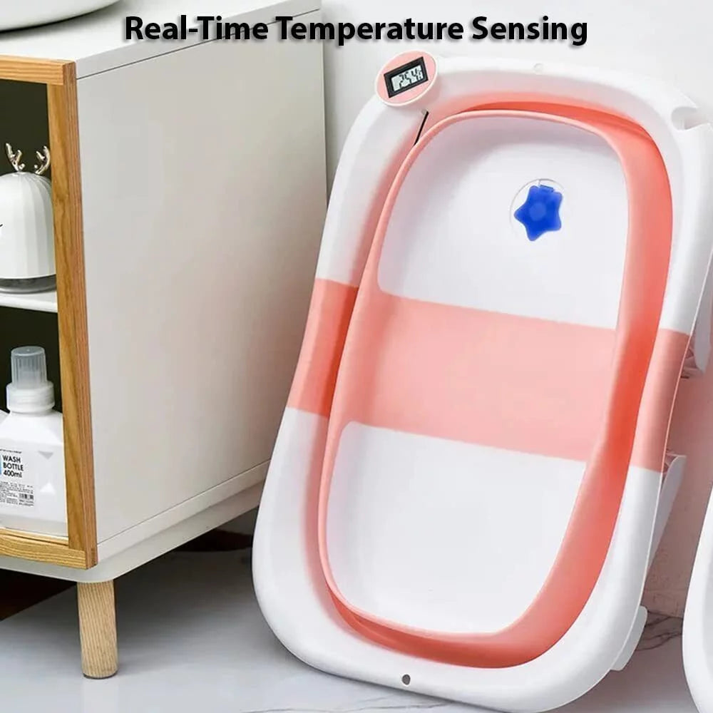 Collapsible Newborn Baby Bathtub with Pillow Cushion Support Bath Net Temperature Sensor Pink Q981