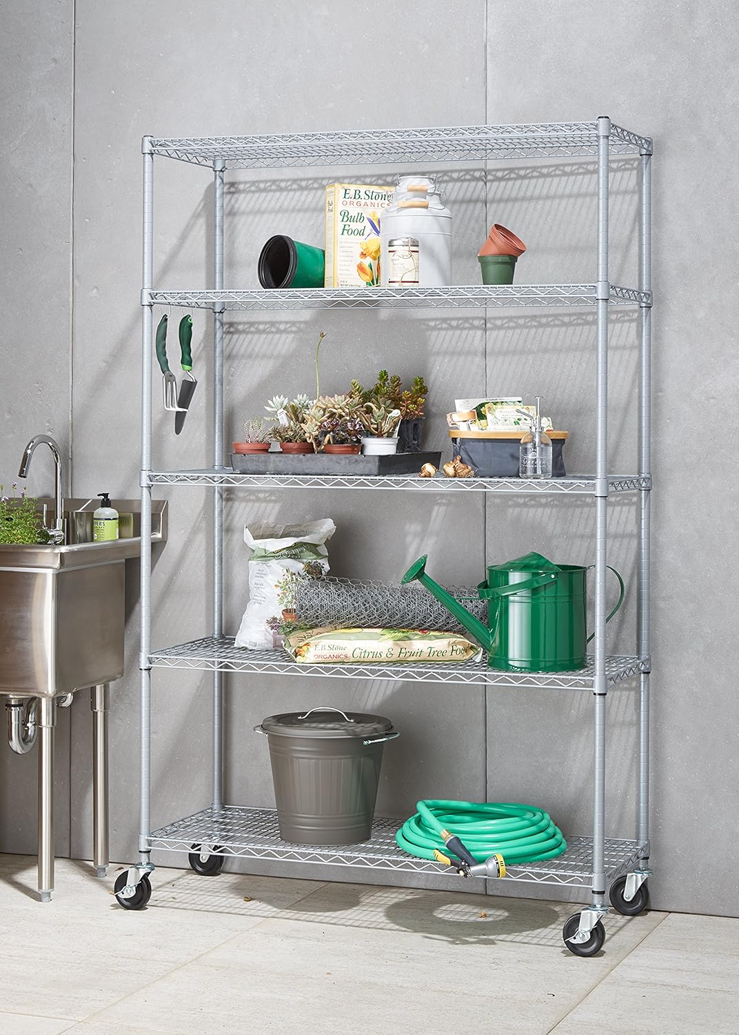Gray 5-Tier Adjustable Wire Shelving with Wheels, 48" W X 18" D X 72-77" H M39762
