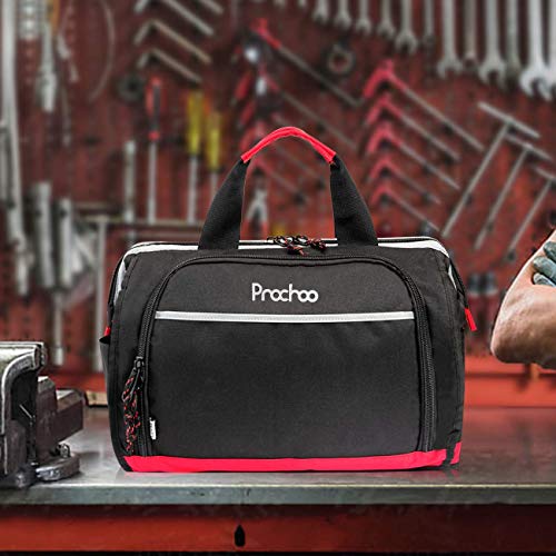 16-inch Wide Mouth Tool Tote Bag with 25 Pockets and Adjustable Shoulder Strap, Black/Red W20410