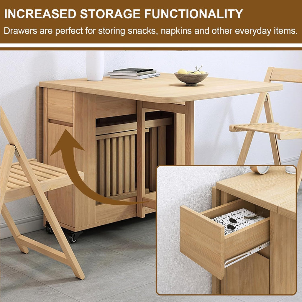 Folding Dining Table with 4 Chairs and Storage Drawers Wood Drop Leaf Dining Table Set W191690