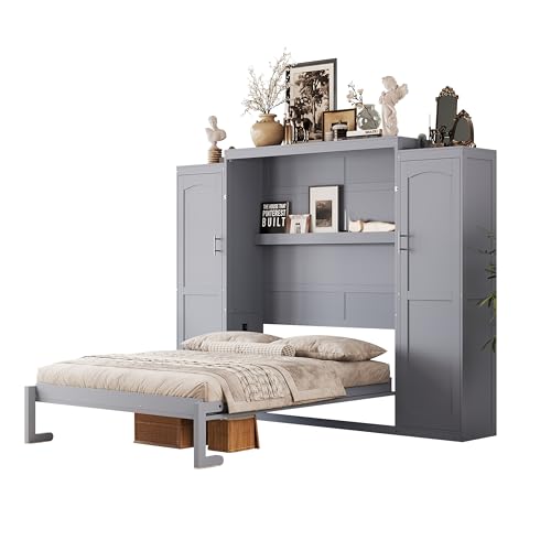 Full Size Wood Murphy Bed with Two Closets and Storage Shelf, Walnut R919758