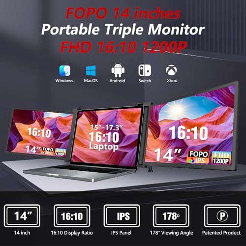 14" Triple Laptop Screen Extender FHD 1200P IPS Portable Monitor for 15-17.3" Laptop with HDMI/USB-C Black N836209