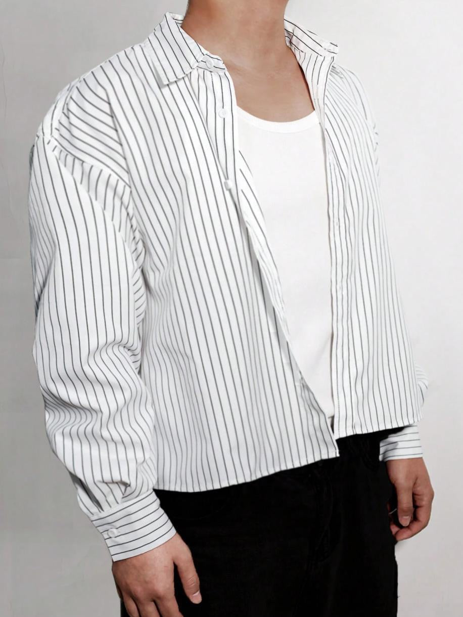 Mens Shirts Mens Vintage Striped Button Up Shirts Lapel Long Sleeve Cropped Loose Fit Blouses Fall Casual Lightweight Shirts