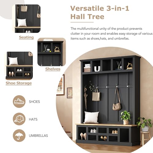 Black Wide Entryway Hall Tree with Storage Bench, Shoe Cabinet with Cube Storage, Coat Rack with 6 Hooks I265321