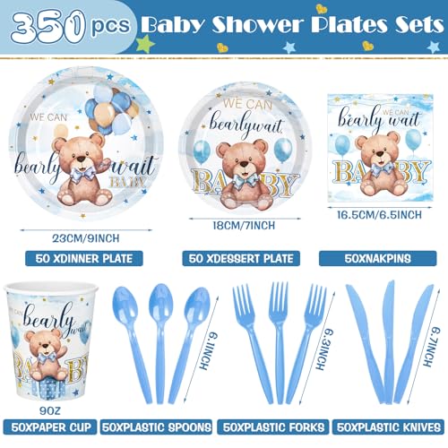 405 Pcs Blue Baby Shower Tableware Set with Plates, Napkins, Cups, Tablecloth, Banner H938