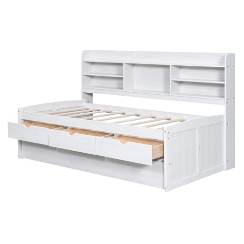 White Wash Wooden Twin Size Captain Bed with Built-in Bookshelves and 3 Storage Drawers and Trundle S277