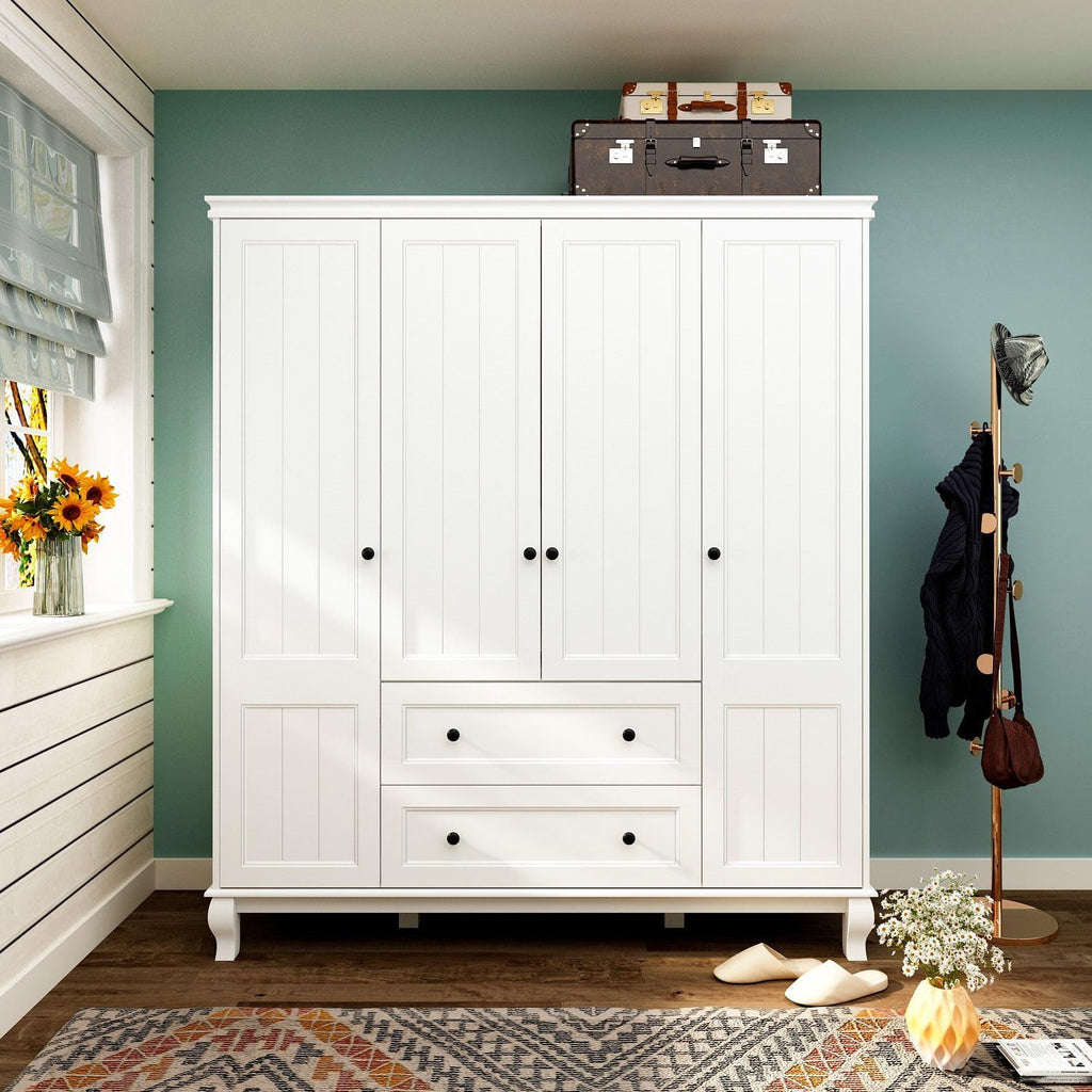 Large 4-Door White Wardrobe Closet with Hanging Rod and 2 Drawers Z428105