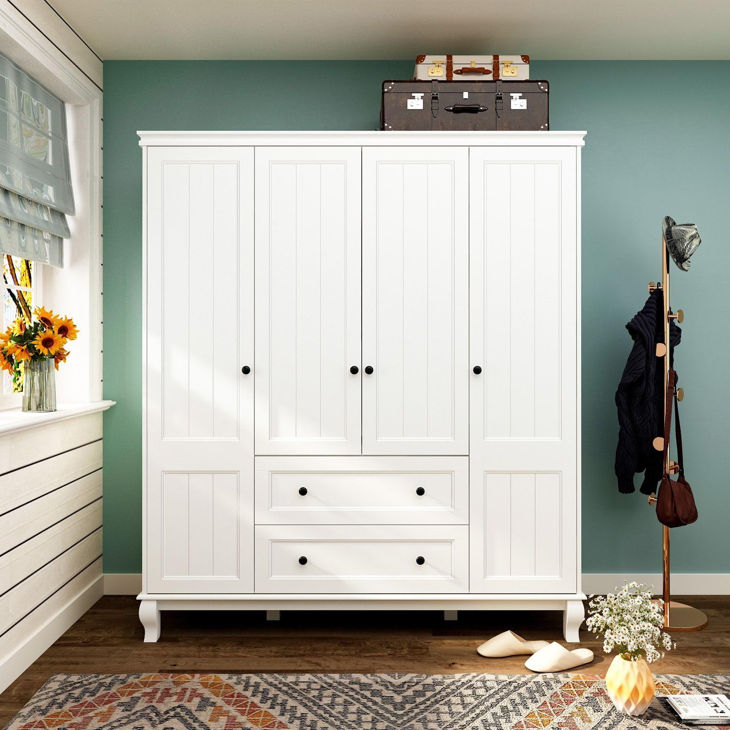 Large 4-Door White Wardrobe Closet with Hanging Rod and 2 Drawers Z428105