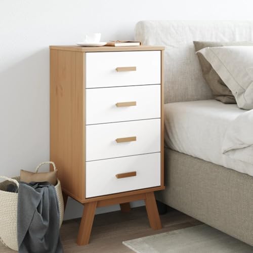 White and Brown Solid Wood Bedside Cabinet with Drawers V64474
