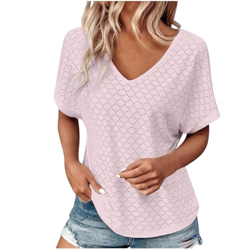Breathable Eyelets Blouses V Neck Short Sleeve Soft Textured Tunic Tops H94079