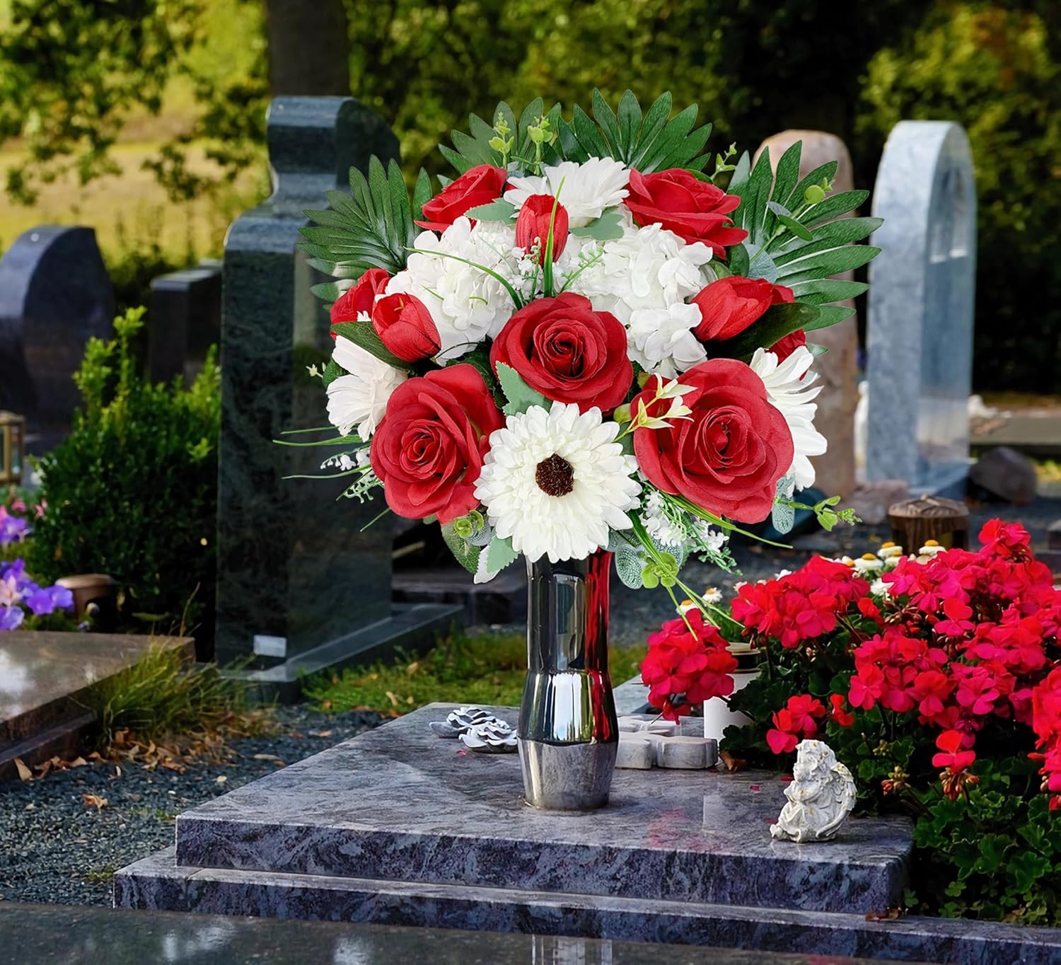 Cemetery Flower with Grave Vase, Rose Mum and Hydrangea Mix Bouquet K856239