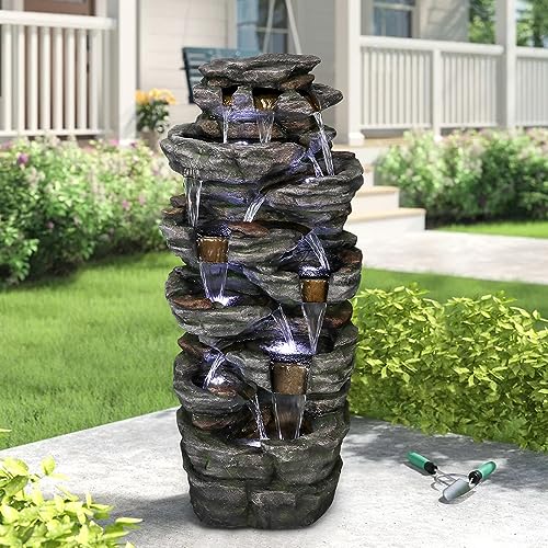 Large Outdoor Water Fountain, 47 1/5” H 9-tier with LED Light, Resin V2754