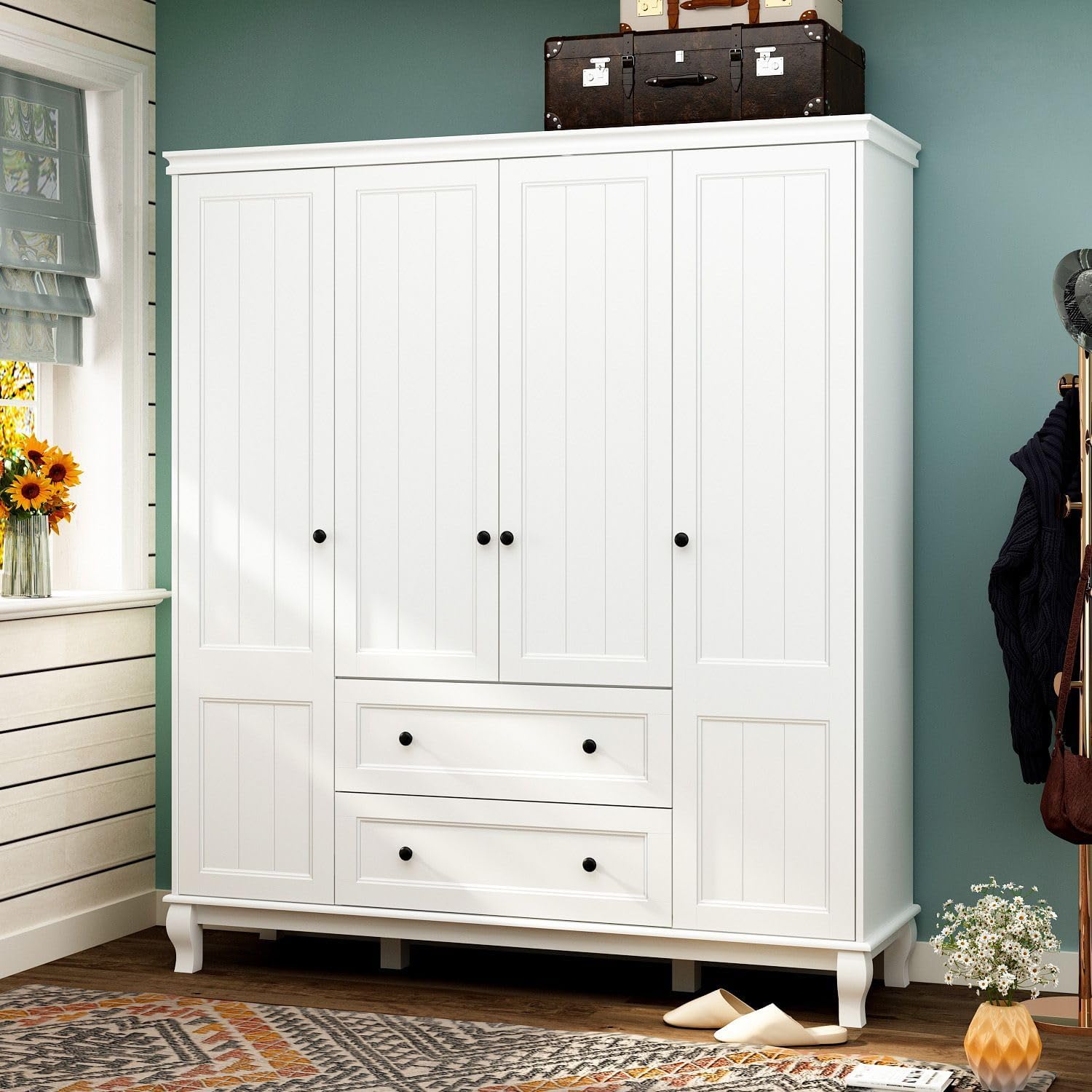Large 4-Door White Wardrobe Closet with Hanging Rod and 2 Drawers Z428105