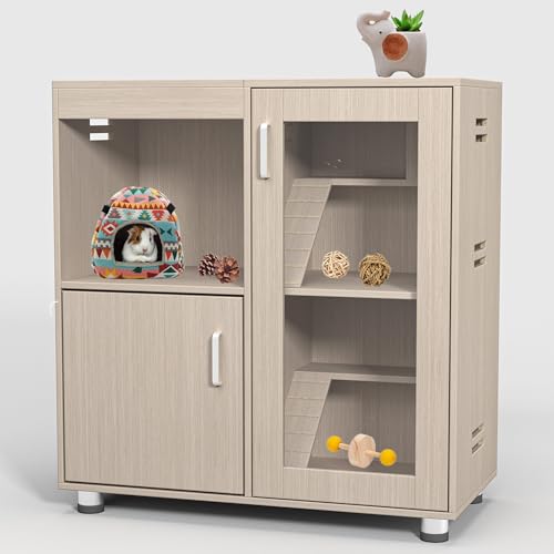 4-Tier Wooden Hamster Cage with Storage Cabinet, Openable Top, Acrylic Windows (Teak) T7916
