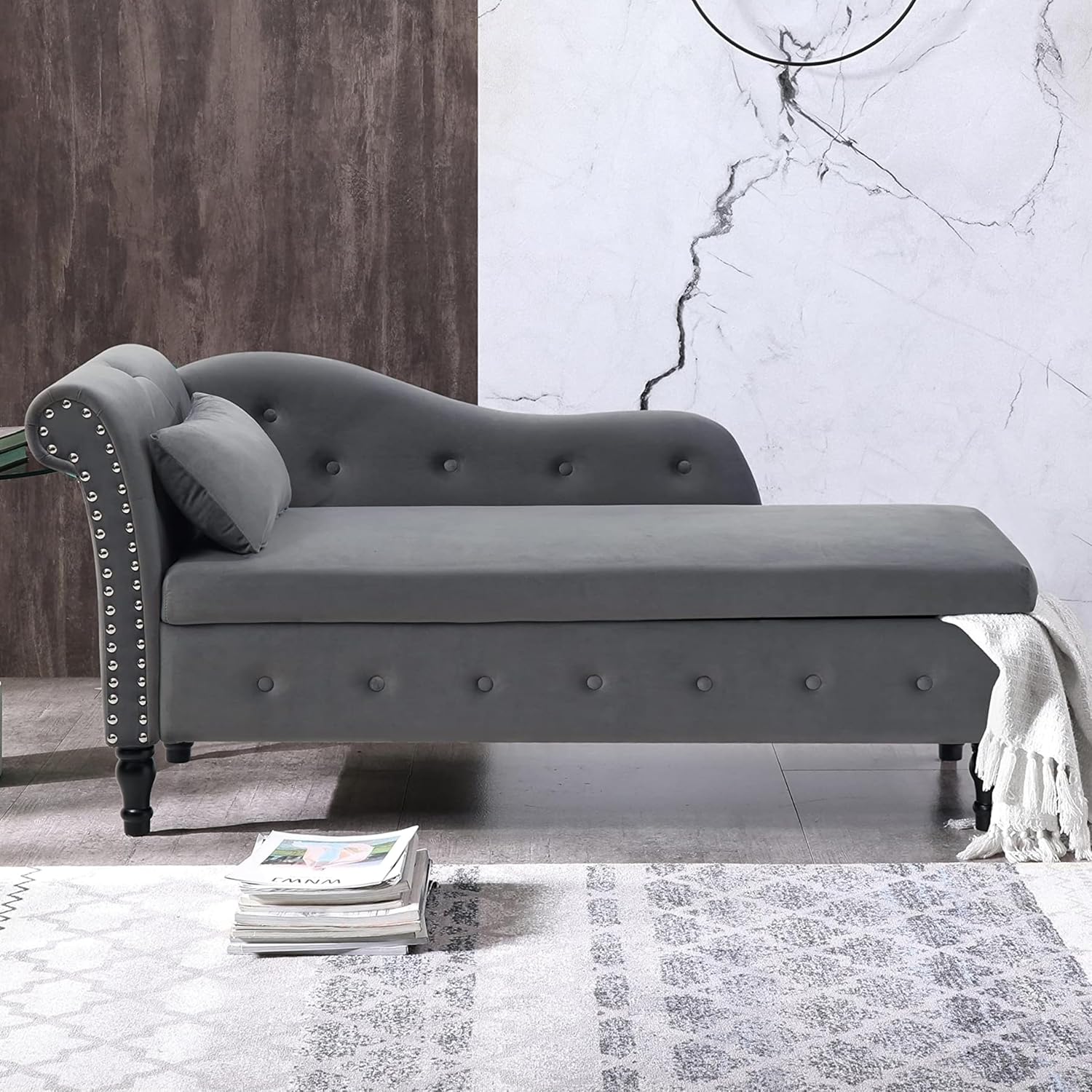 Gray Velvet Chaise Lounge Chair with Storage M8984