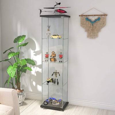 Glass Display Cabinet 4 Shelves with Door Floor Standing Curio Bookshelf U78604