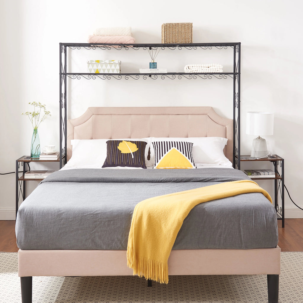Queen Bed Frame with 2 Nightstands Headboards with Storage Cabinet, Headboard with Shelves, Bookcase Headboard Iron and Wood Rustic Brown C7817