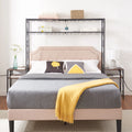 Queen Bed Frame with 2 Nightstands Headboards with Storage Cabinet, Headboard with Shelves, Bookcase Headboard Iron and Wood Rustic Brown C7817