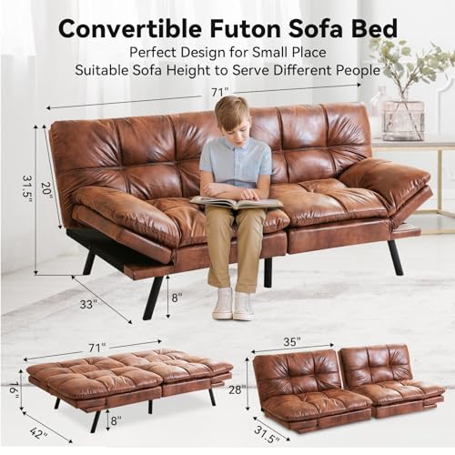 Brown Faux Leather Memory Foam Futon Sofa Bed K3667