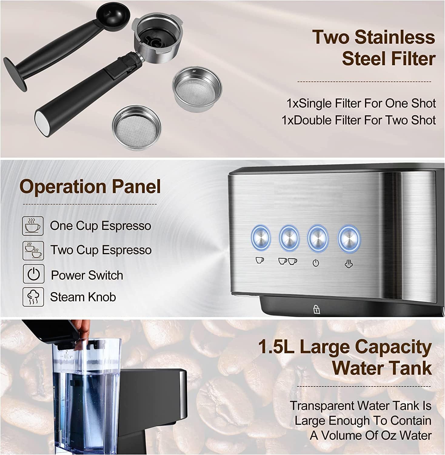 20 Bar Semi-Automatic Espresso Machine with Milk Frother Steam Wand, 50oz Removable Water Tank M956