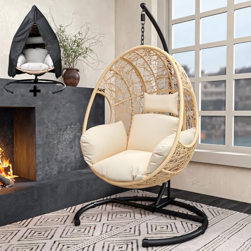 Oversized Outdoor Hanging Egg Chair with Stand, All Weather Wicker, Waterproof Cushion T438