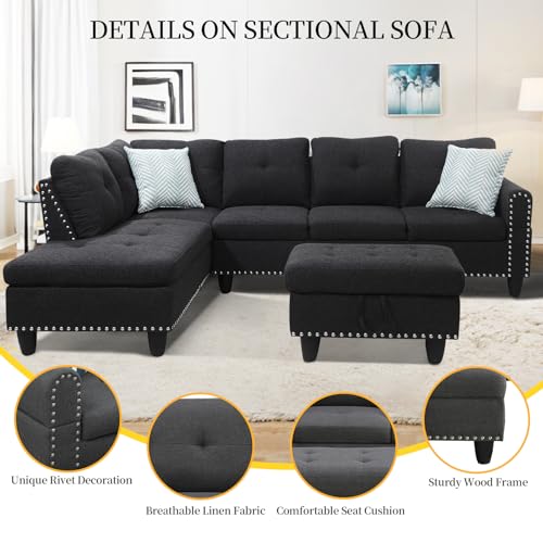 Charcoal Grey L Shaped Sectional Sleeper Sofa with Storage Ottoman L727730