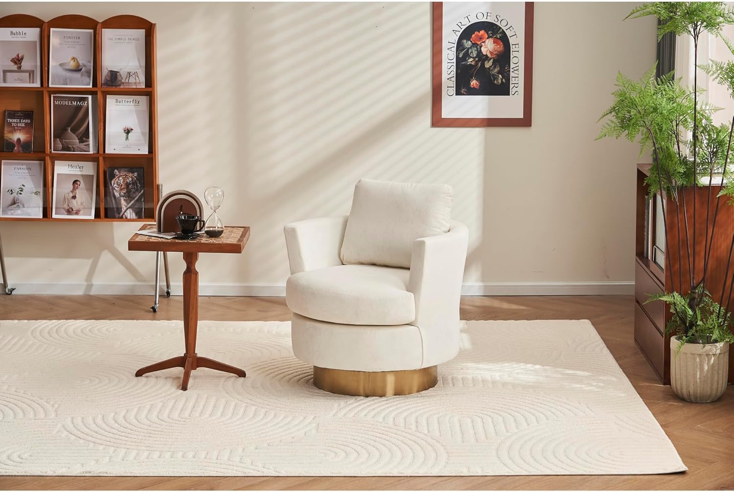 Beige Velvet Swivel Barrel Chair with Gold Stainless Steel Base T511365