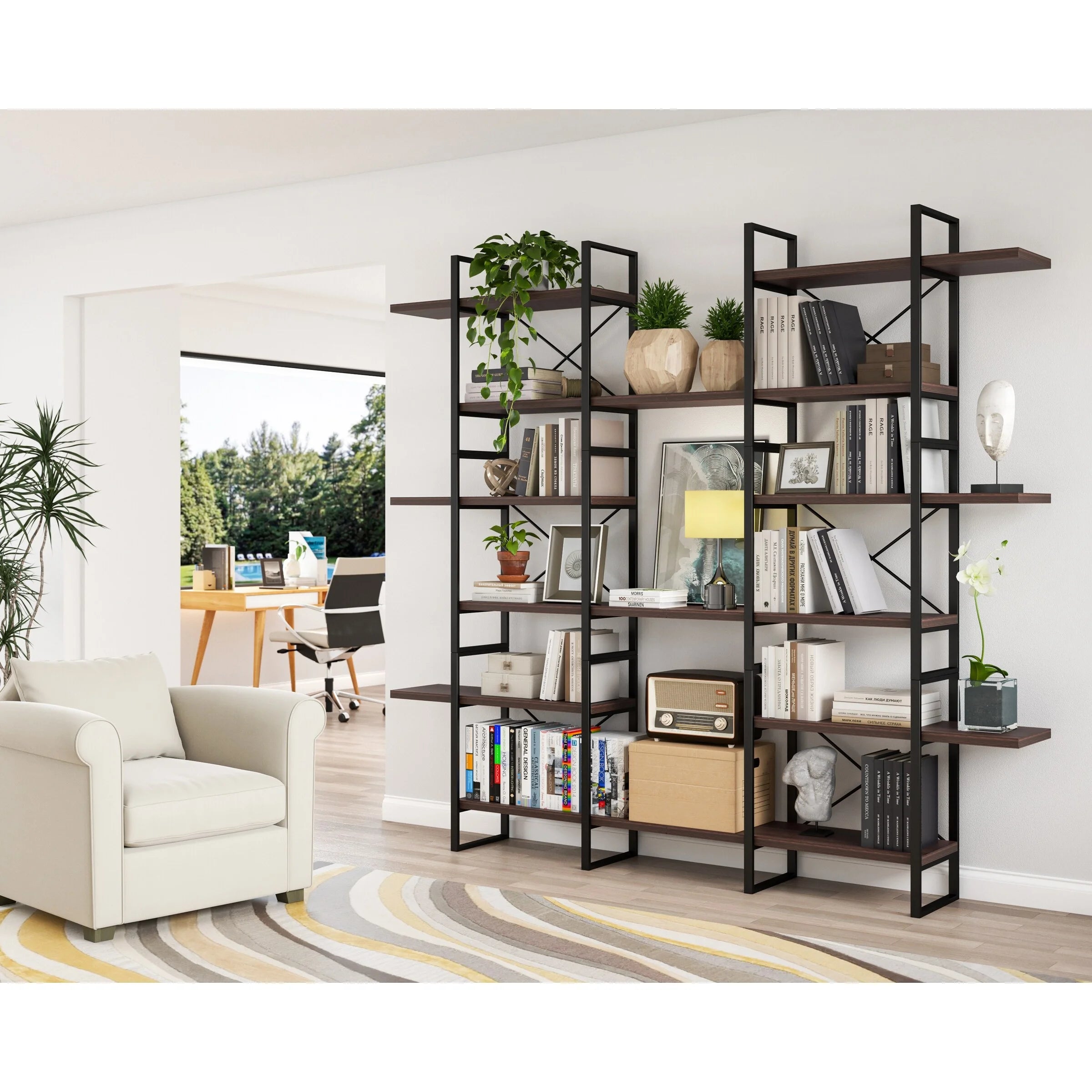 Dark Walnut 6-Tiers Industrial Bookcase L7958