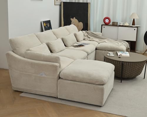 Modular Sectional Sofa, Fluffy Corduroy, Oversized 4 Seater with Ottomans O489940