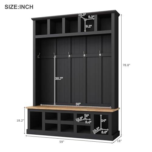 Black Wide Entryway Hall Tree with Storage Bench, Shoe Cabinet with Cube Storage, Coat Rack with 6 Hooks I265321