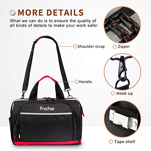 16-inch Wide Mouth Tool Tote Bag with 25 Pockets and Adjustable Shoulder Strap, Black/Red W20410