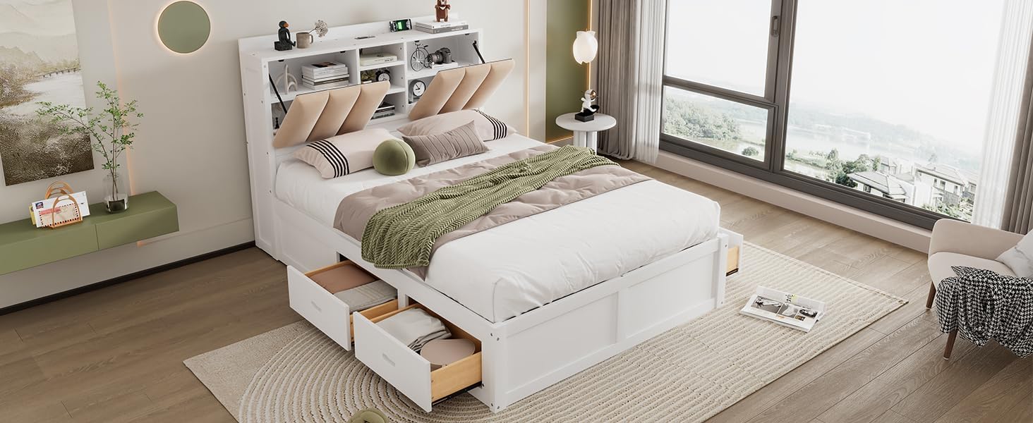 White Wood Full Size Platform Bed with Storage Headboard and 4 Drawers M233