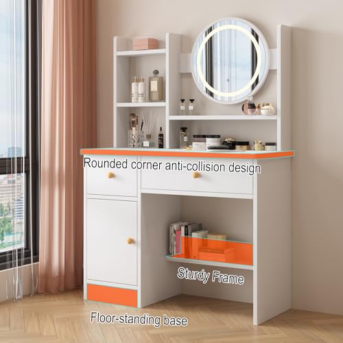White Vanity Desk with Mirror and Lights, 3 Lighting Modes, Drawers, Open Storage Shelves J3904