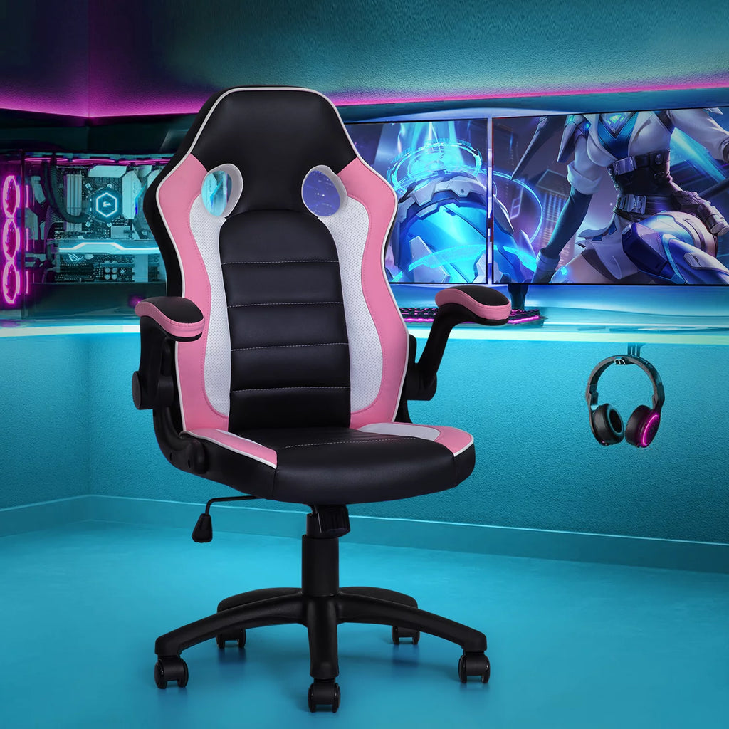 Black/Pink PU Leather Gaming Chair with Flip-Up Arms T889765