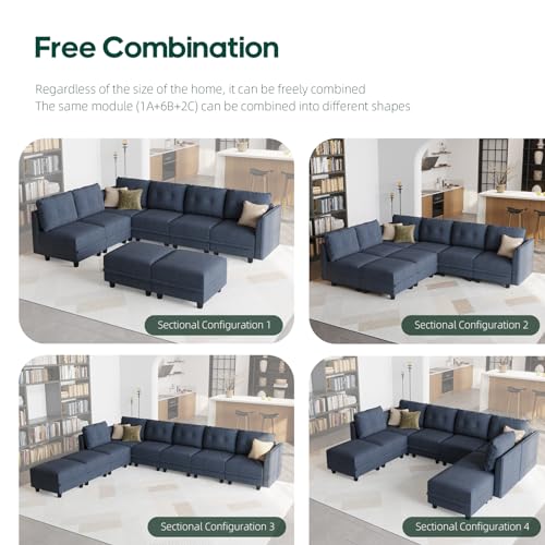 Modular Sectional Sofa with Chaise, 8 Seater Reversible L Shaped U Shape Sectional Couch with Storage, Denim Blue R877