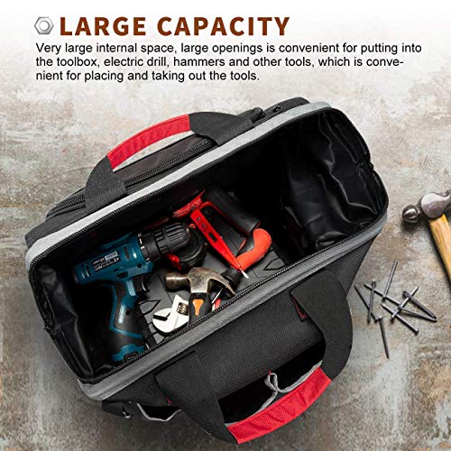 16-inch Wide Mouth Tool Tote Bag with 25 Pockets and Adjustable Shoulder Strap, Black/Red W20410