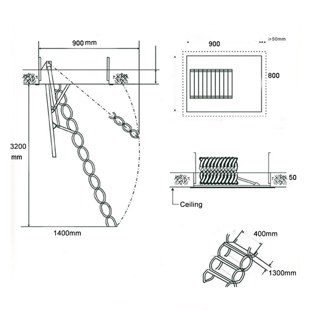 10.5ft Carbon Steel White Attic Ceiling Ladder Stairs L480