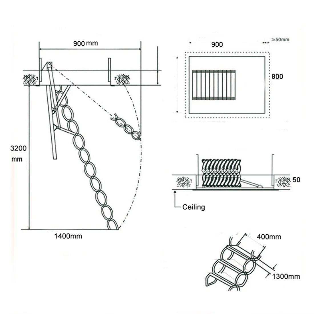 10.5ft Carbon Steel White Attic Ceiling Ladder Stairs L480