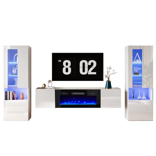 White High Gloss Entertainment Center with LED Lights, 40" Electric Fireplace, 2 Bookcases with Glass Doors L547