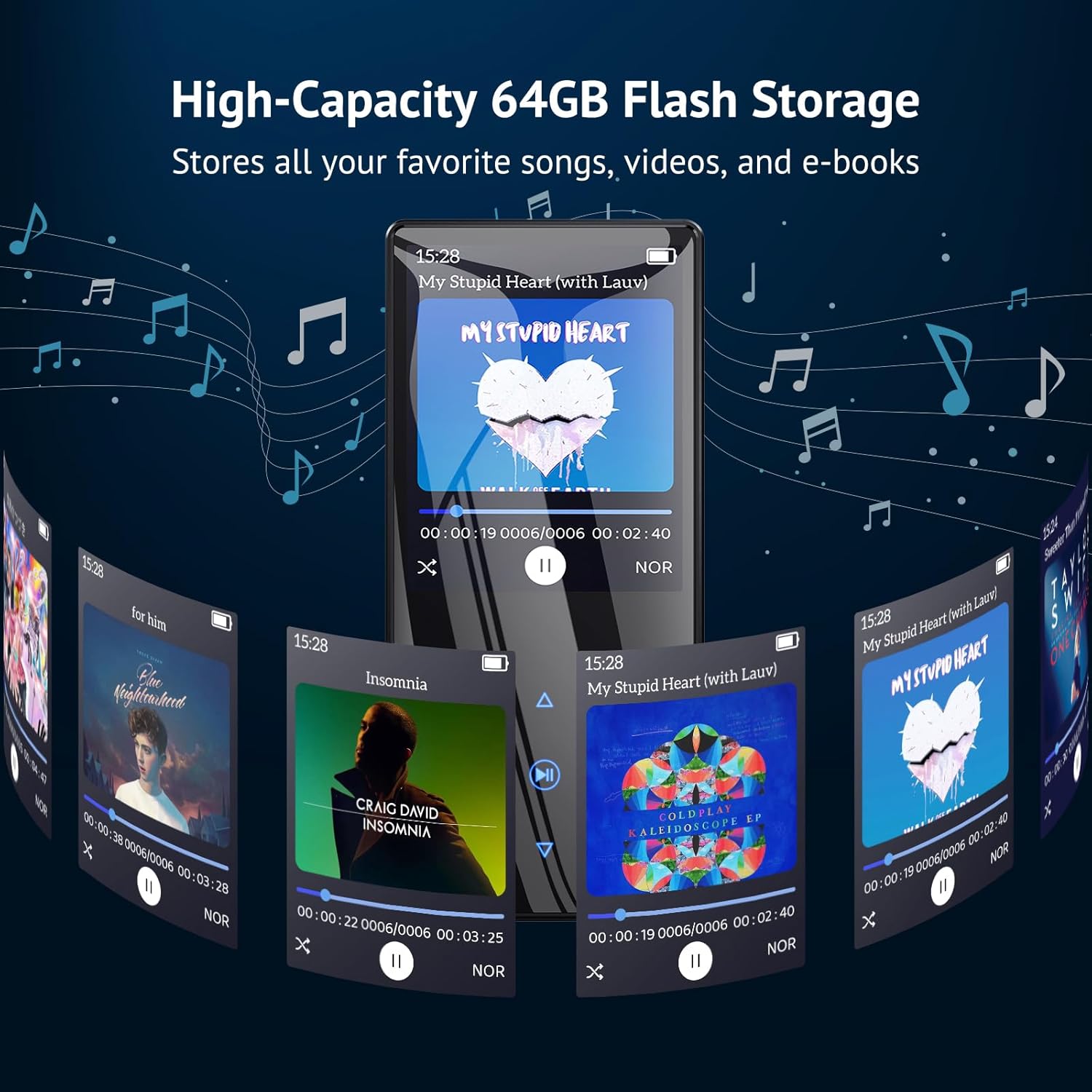 64GB Bluetooth 5.3 MP3 Player with HD Speaker and 2.4" Screen L615