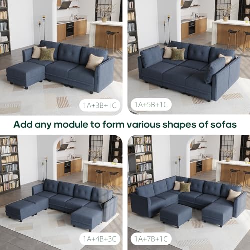 Modular Sectional Sofa with Chaise, 8 Seater Reversible L Shaped U Shape Sectional Couch with Storage, Denim Blue R877