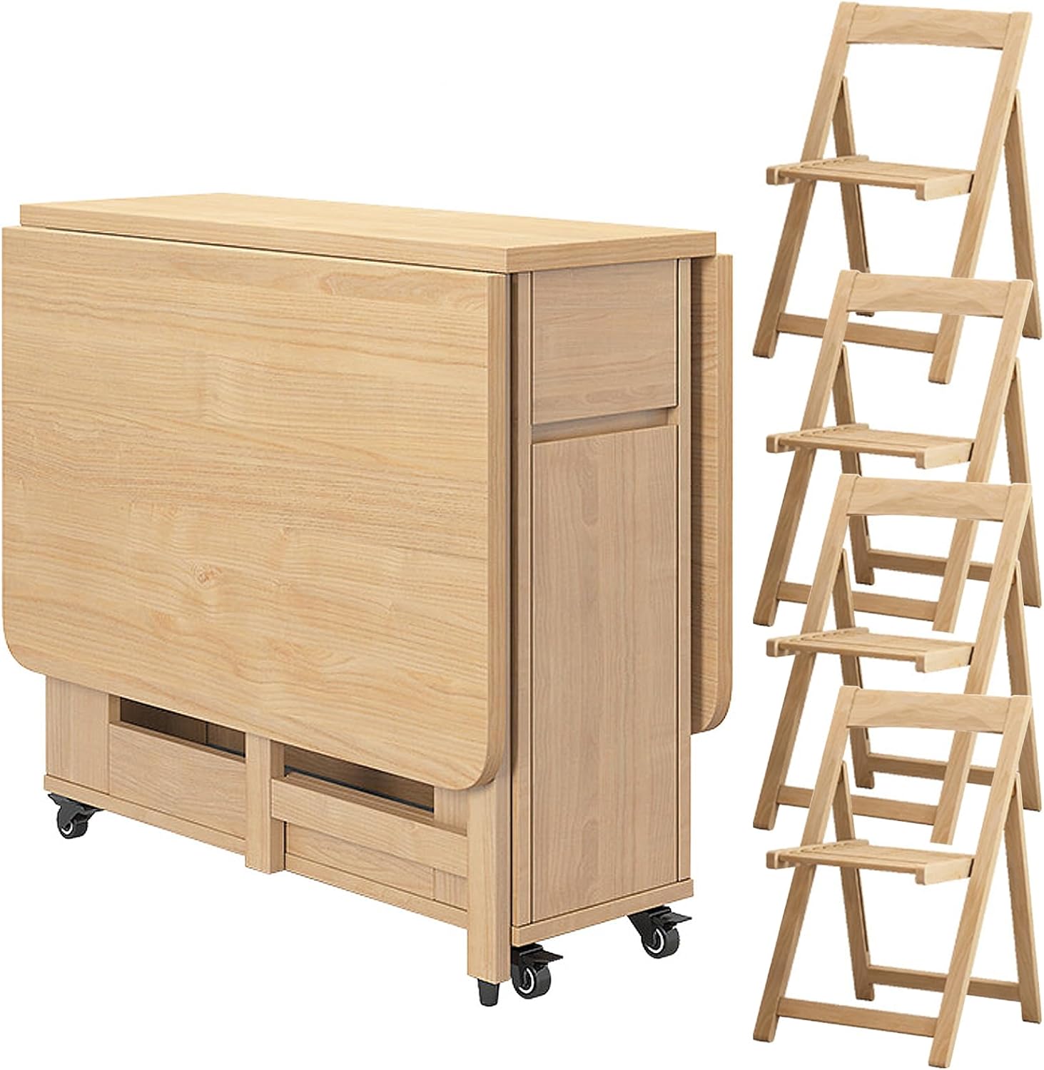 Folding Dining Table with 4 Chairs and Storage Drawers Wood Drop Leaf Dining Table Set W191690