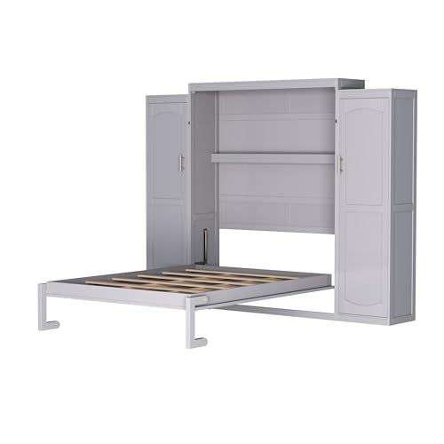 Full Size Wood Murphy Bed with Two Closets and Storage Shelf, Walnut R919758