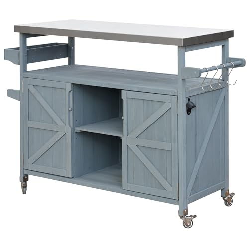 Solid Wood Grill Table with Stainless Steel Top and Internal Storage Racks Q653830