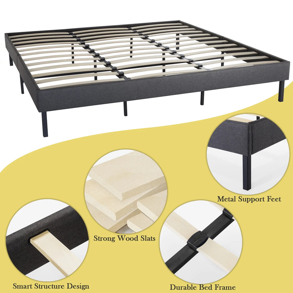 Grey King Size Upholstered Platform Bed Frame with Wood Slats B4453