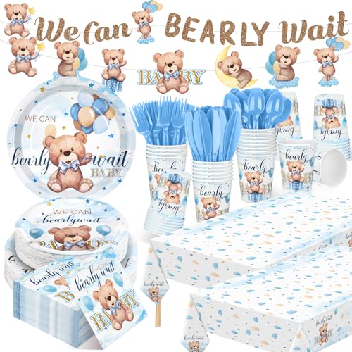 405 Pcs Blue Baby Shower Tableware Set with Plates, Napkins, Cups, Tablecloth, Banner H938