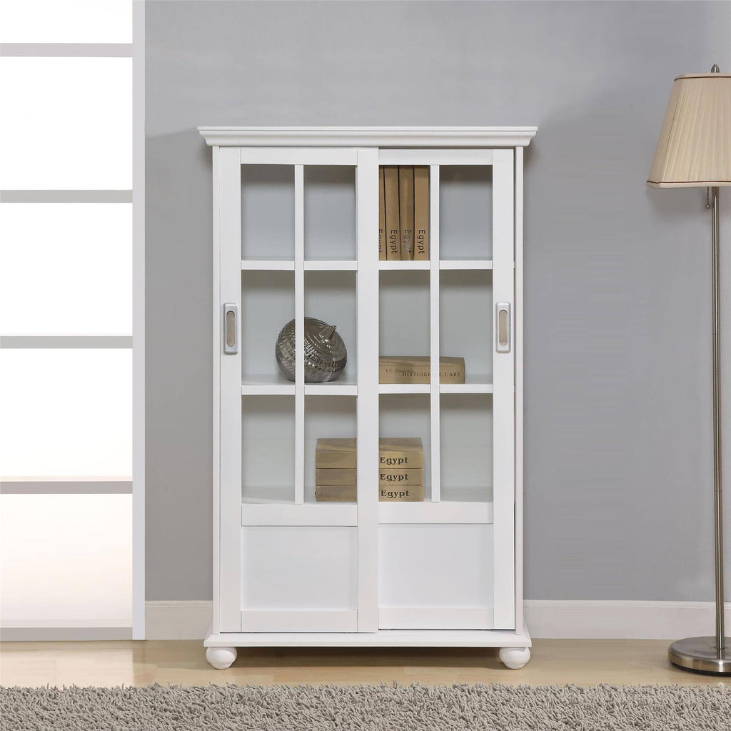 White Bookcase with Sliding Glass Doors P73048