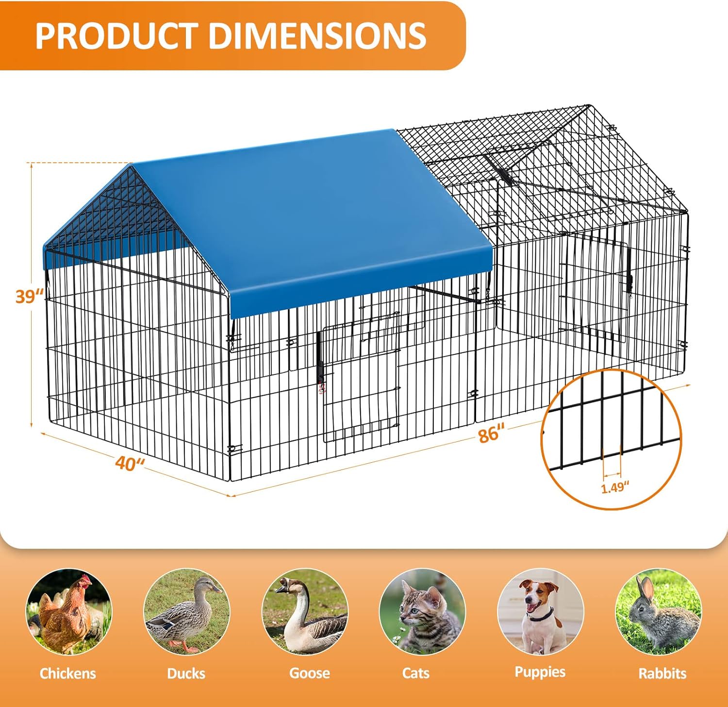 Metal Chicken Coop 86"×40"×39" with Cover C3180