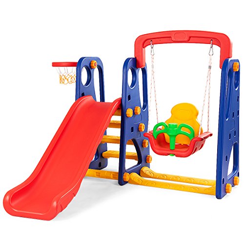 Toddler Long Slide Set, 3-in-1 Large Climber Playset with Basketball Hoop, Stairs, Thickened Panel, Playground Swing M665